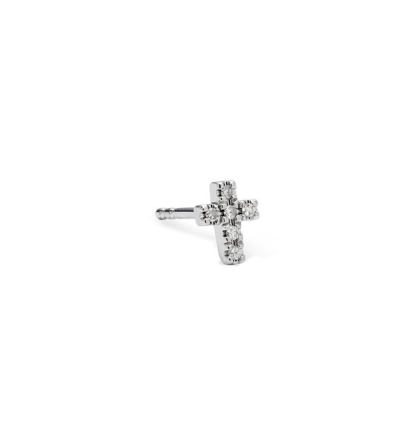 Single White Gold Cross Earring with Six Diamonds