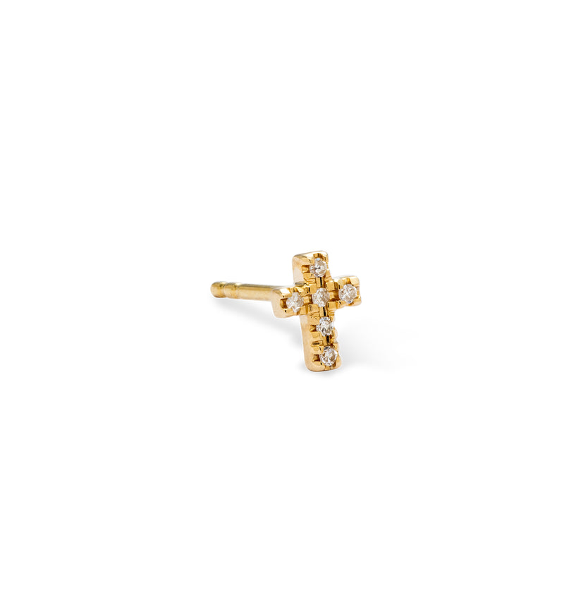Single Sagitta 14k gold cross earring with six diamonds