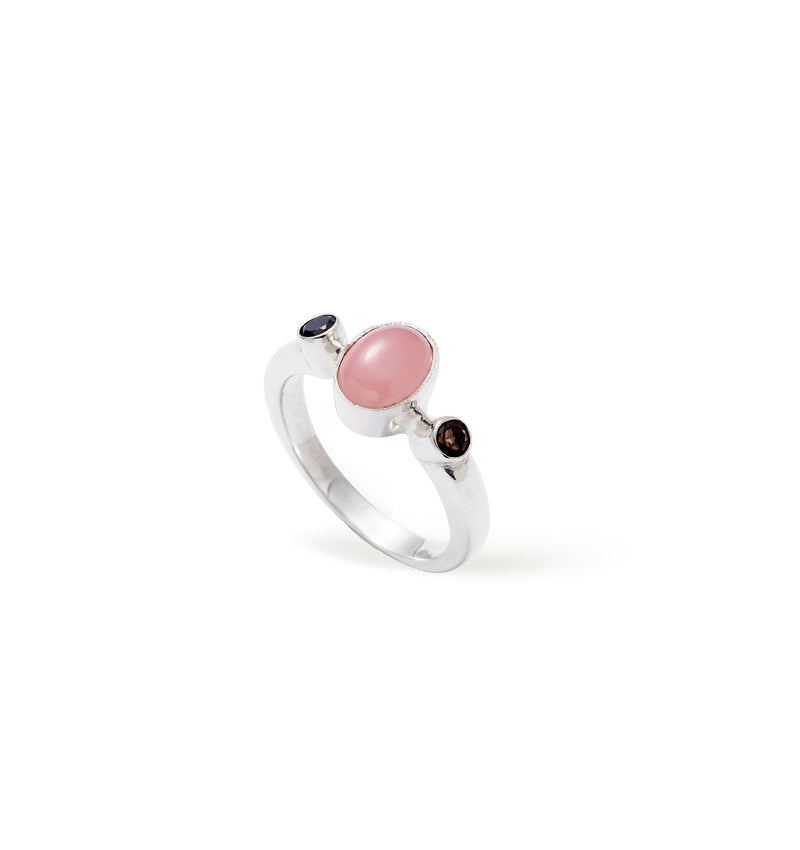Bague en argent avec quartz goyave et quartz fumé