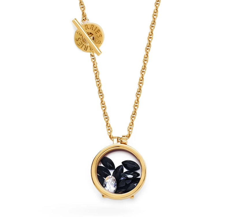 Collier plaqué or avec onyx noir et cristal de roche