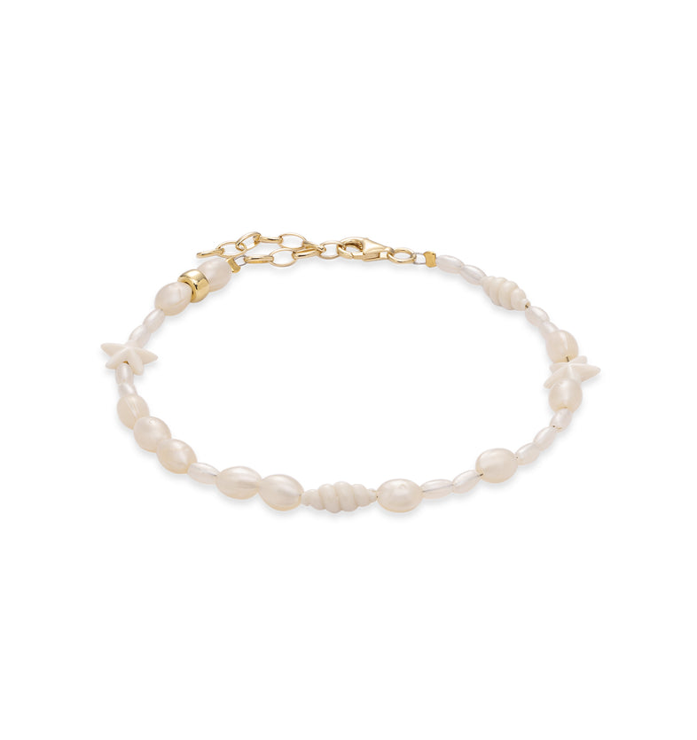  Biżuteria z białych koralików z rozgwiazdą i muszelką, lekka bransoletka na kostkę ze srebrnym pozłacanym zapięciem 