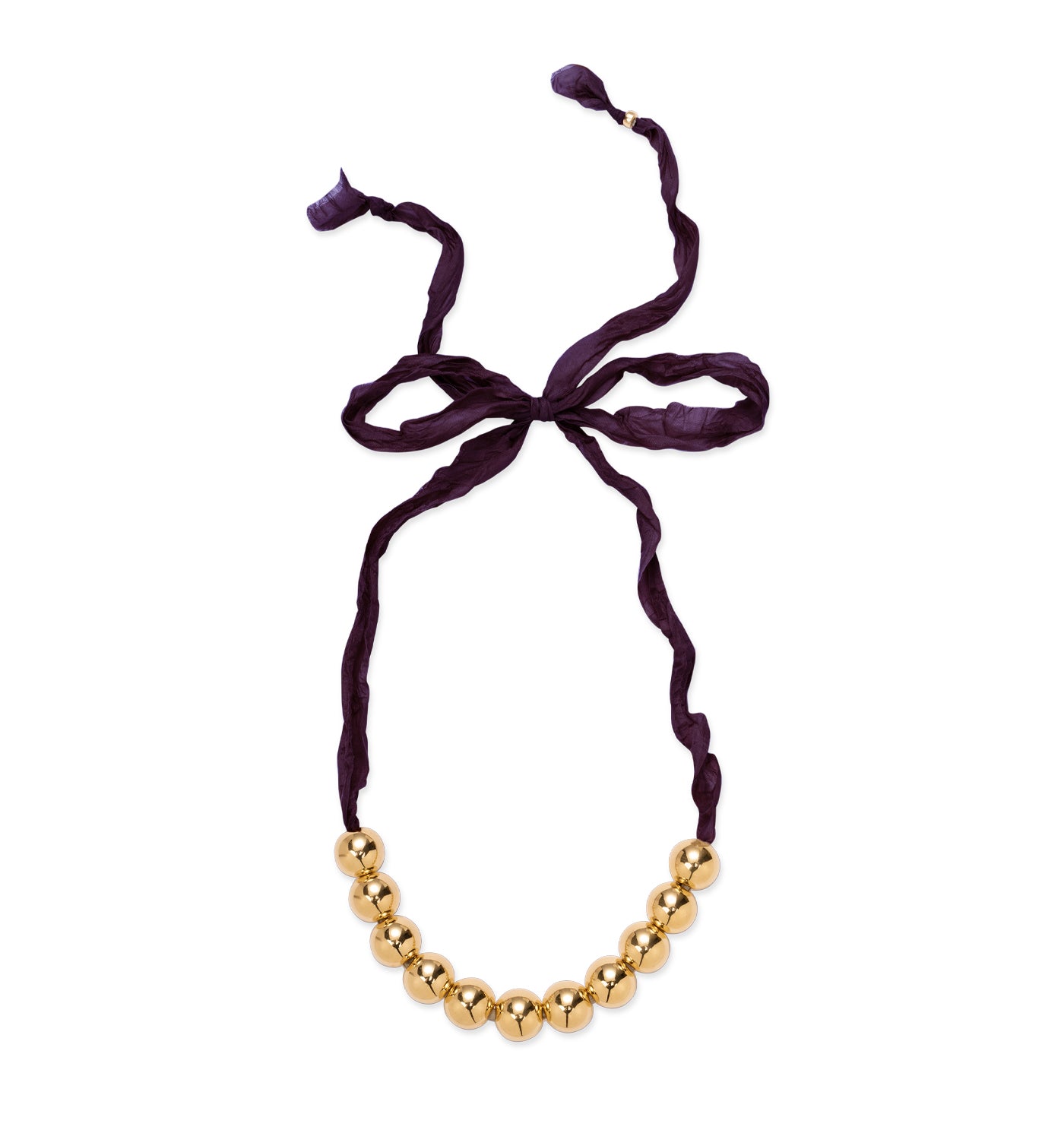 Collier de perles dorées en résine sur ruban bordeaux 1