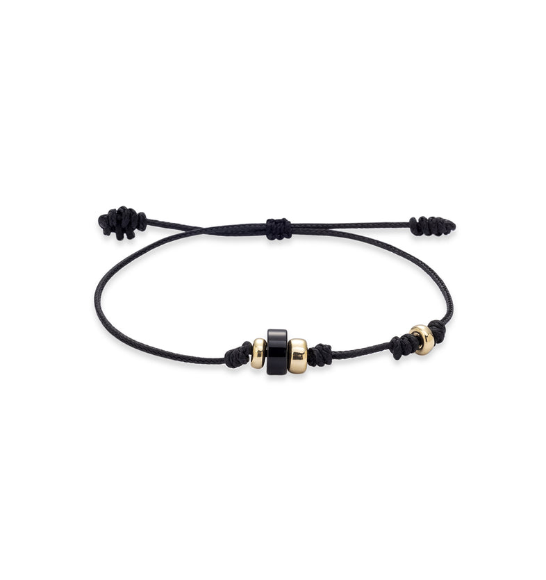  Czarna bransoletka na sznurku z fasetowanym czarnym obsydianem i pozłacanymi elementami 