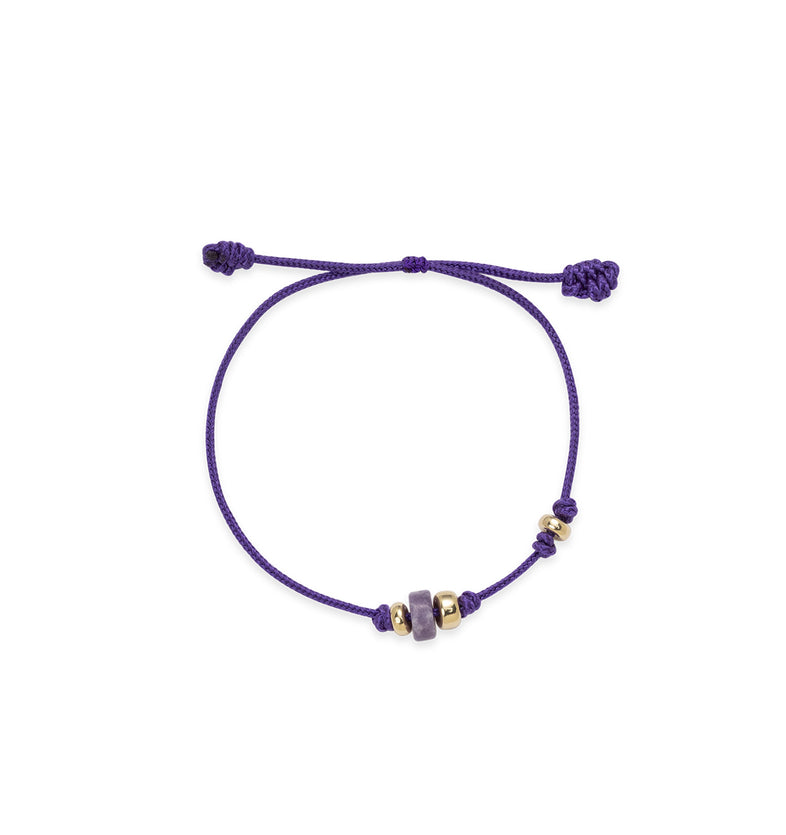  Fioletowa bransoletka na sznurku z naturalnym lepidolitem i pozłacanymi kulkami ze srebra 925 