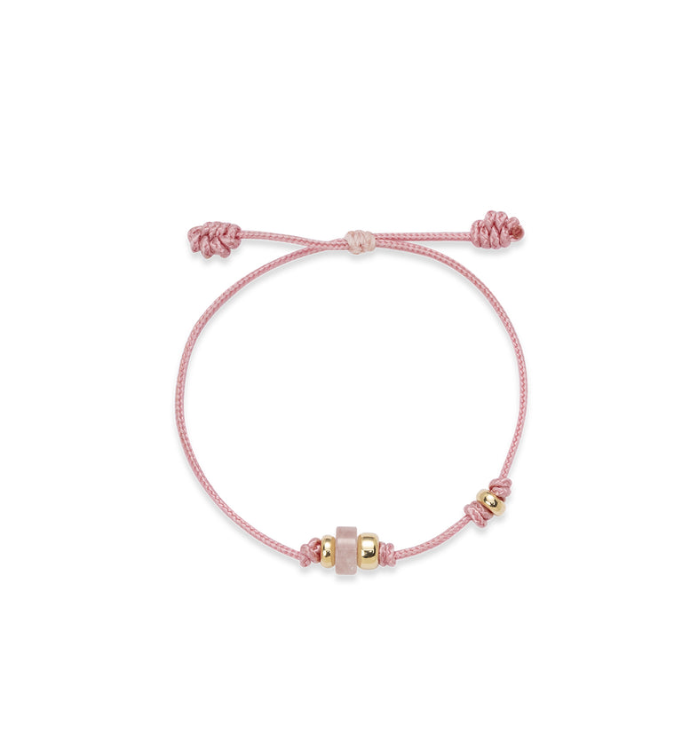  Jasnoróżowa bransoletka na sznurku z naturalnym kwarcem różowym i pozłacanymi kulkami 
